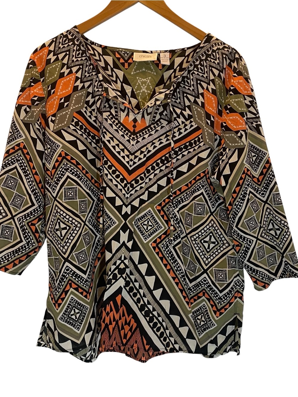 Chico's Geometric Aztec Boho Peasant Top Blouse V-Neck 3/4 Sleeve 100% Cotton XL